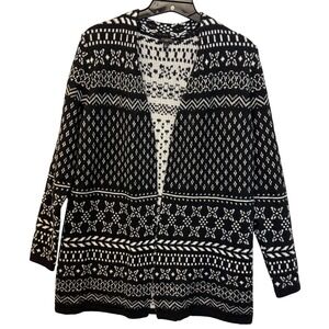Talbots Petites Black White‎ Fair Isle Knit Cardigan Sweater Medium P